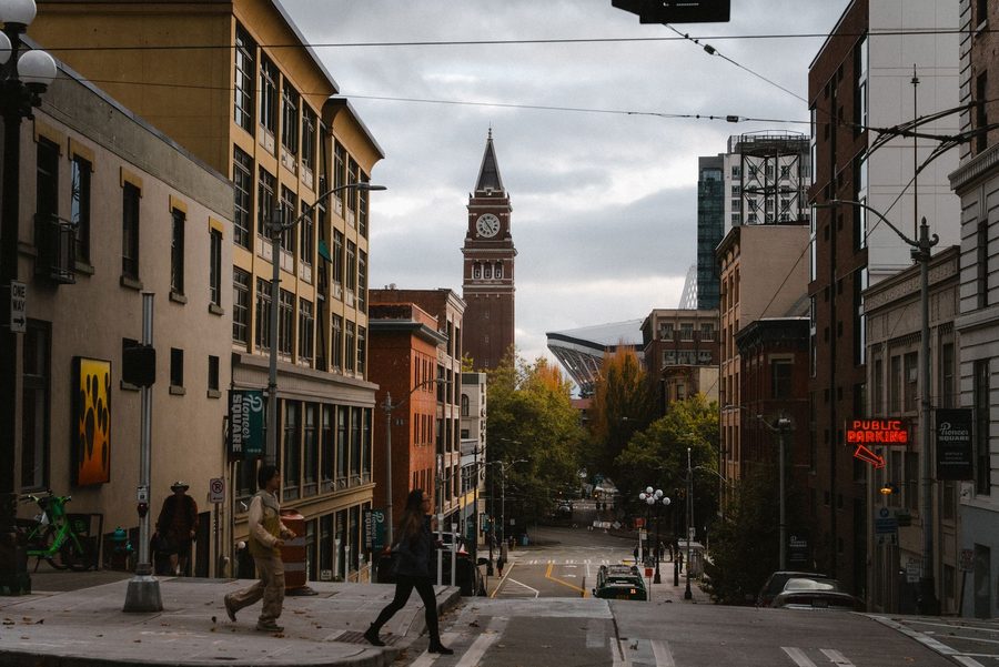 Historic white Smith Tower among downtown Seattle buildings